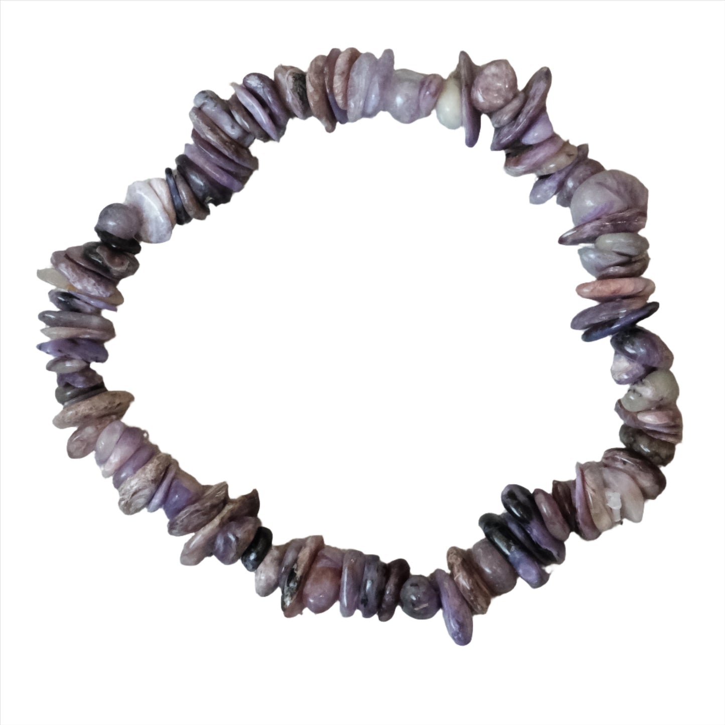 Charoite chip bracelet for transformation and healing, cleanses aura, stimulates love, reduces stress, and improves sleep.