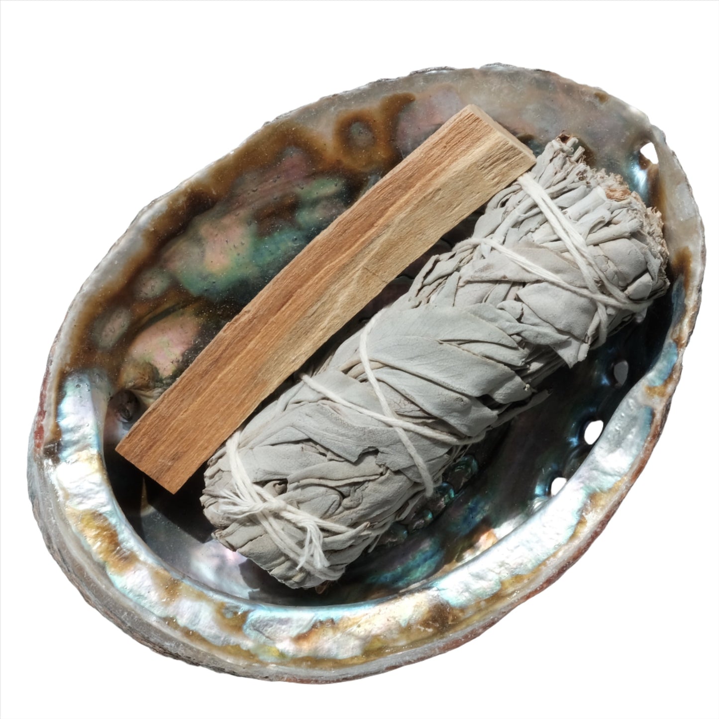 Palo Santo stick and sage bundle in an abalone shell dish for cleansing and aromatherapy.