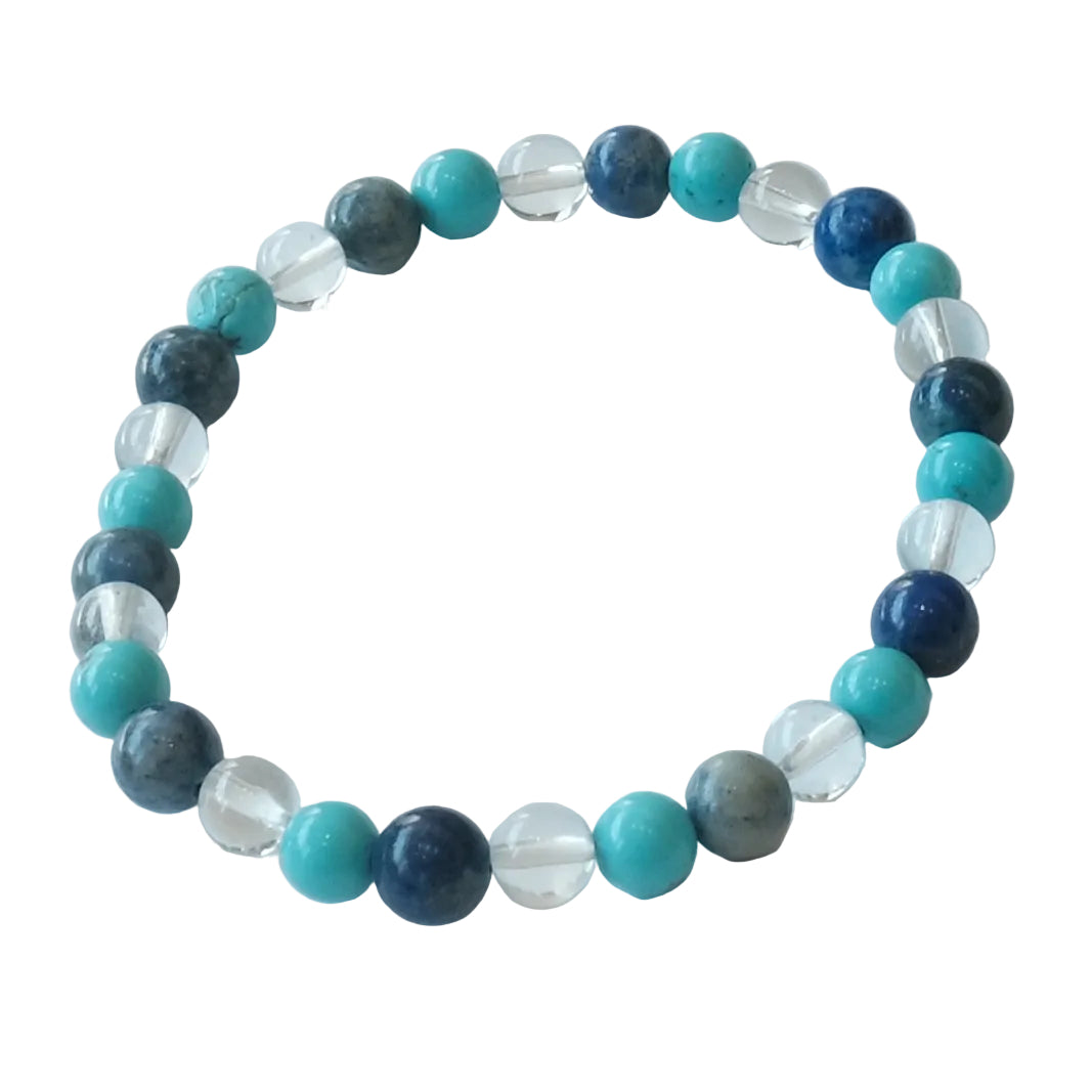A beaded stretch bracelet featuring round turquoise, deep blue, gray, and clear faceted beads, arranged in a circular shape on a plain white background.