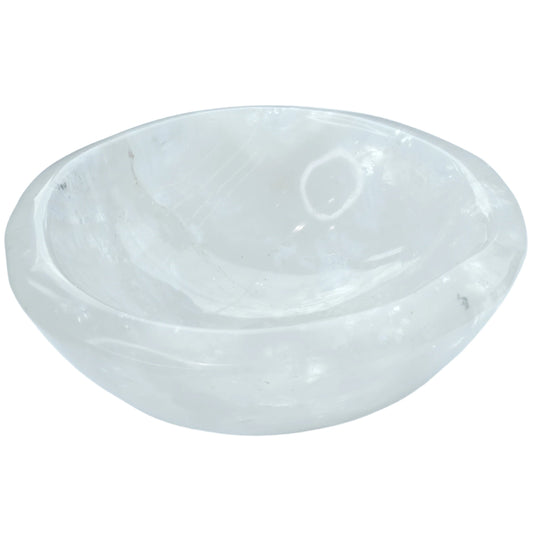 Clear quartz bowl for energy amplification, balancing physical and spiritual planes, enhancing concentration, and memory boost.