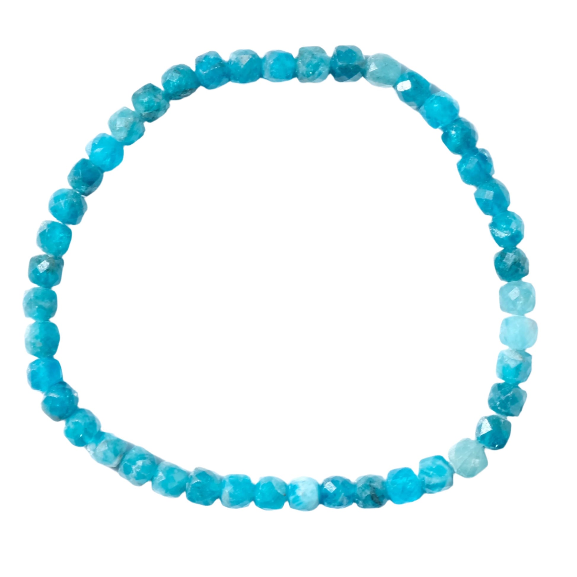 Blue Apatite Cube Bracelet for meditation, communication, and motivation. Supports calcium absorption, joint health, and metabolism.