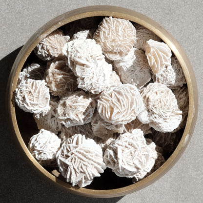 "Bowl of Desert Rose Selenite crystals for meditation and spiritual protection"