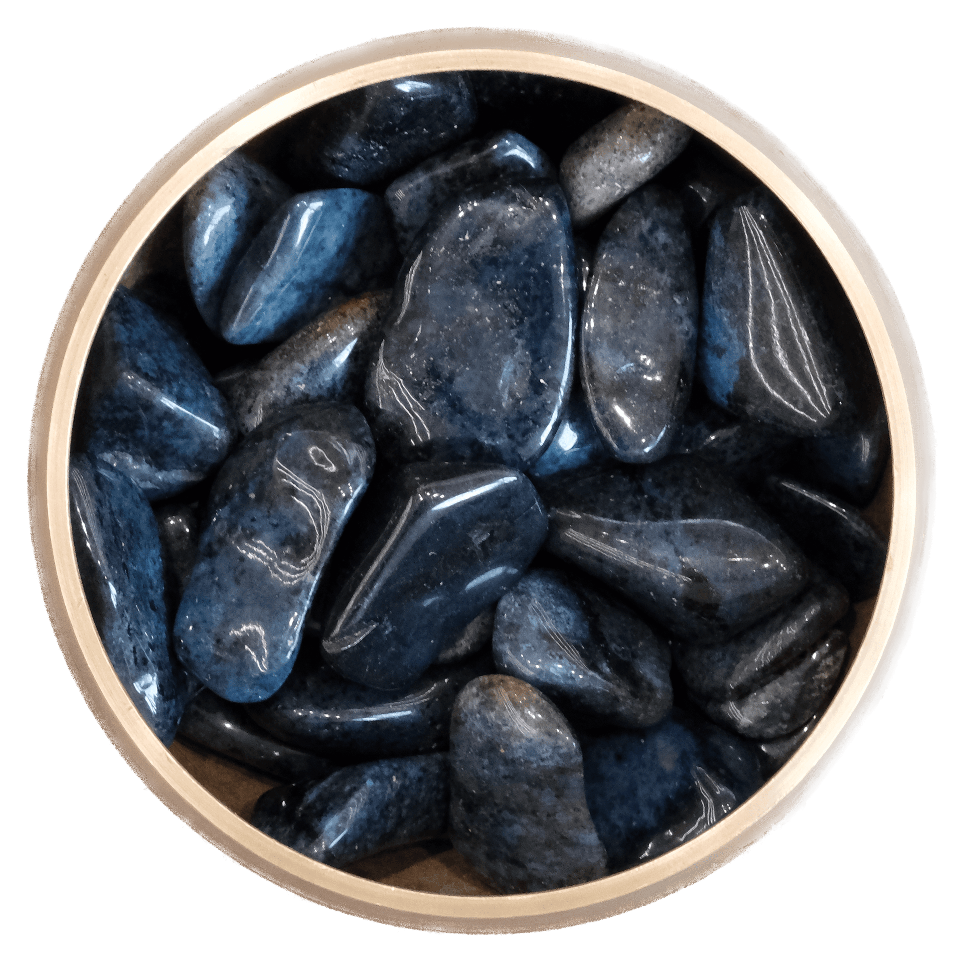 Dumortierite tumbled stones in a wooden bowl for energy harmony and self-confidence boosts