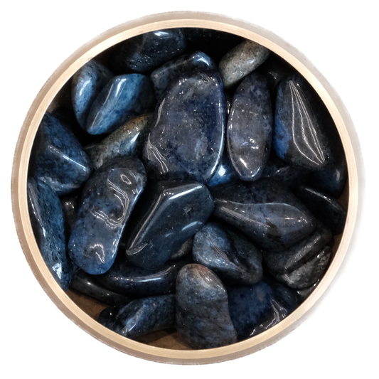 Dumortierite tumbled stones in a wooden bowl for energy harmony and self-confidence boosts