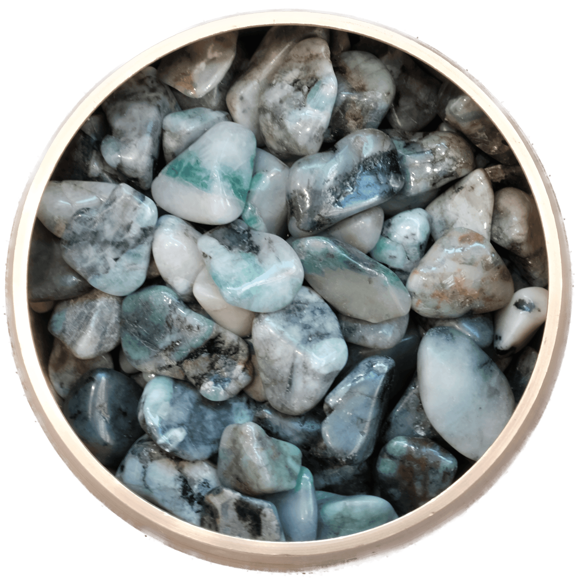 Bowl of polished blue and gray gemstones, assorted shapes and sizes