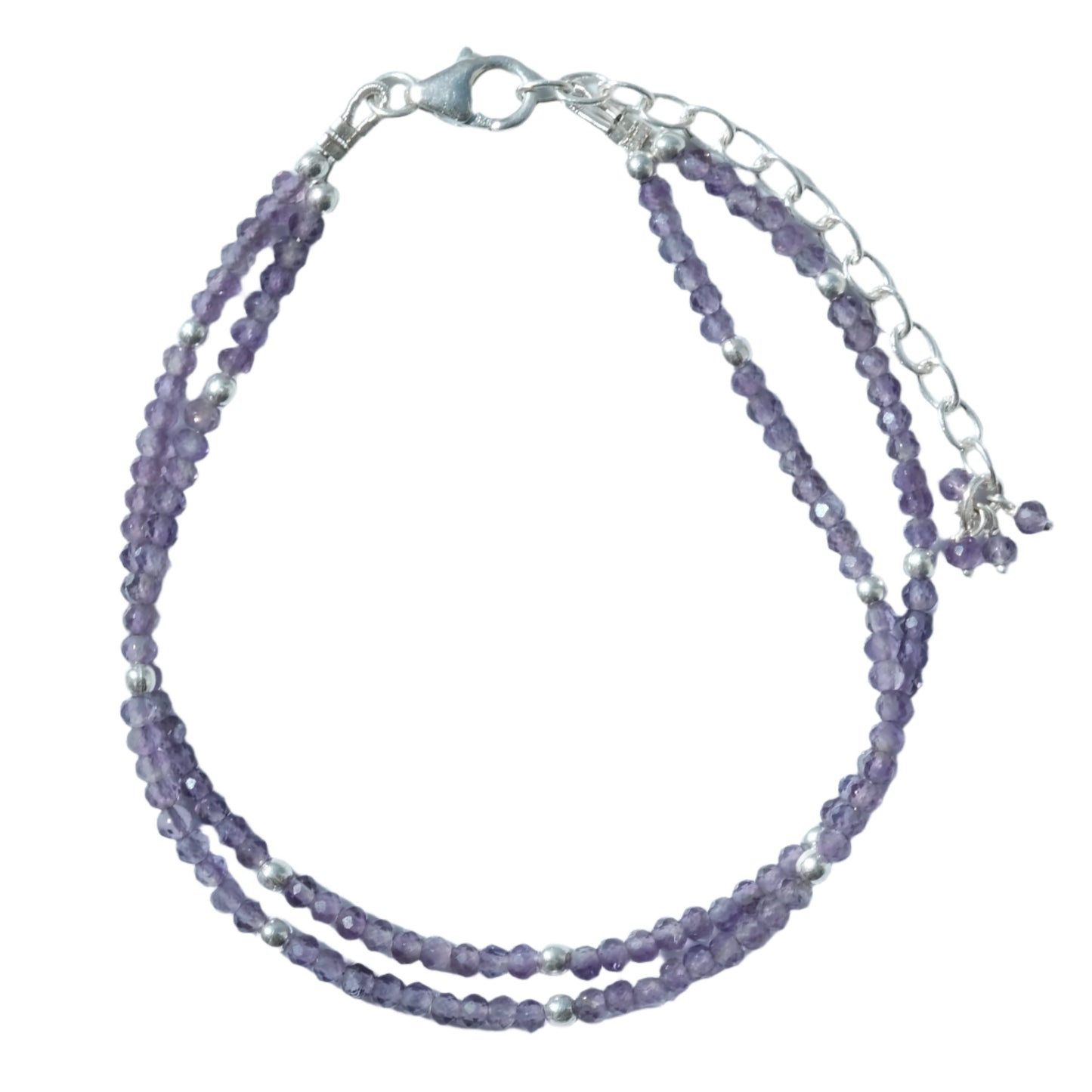 Amethyst faceted double strand bracelet with sterling silver clasp, promotes stress relief, mood balance, and spirituality.