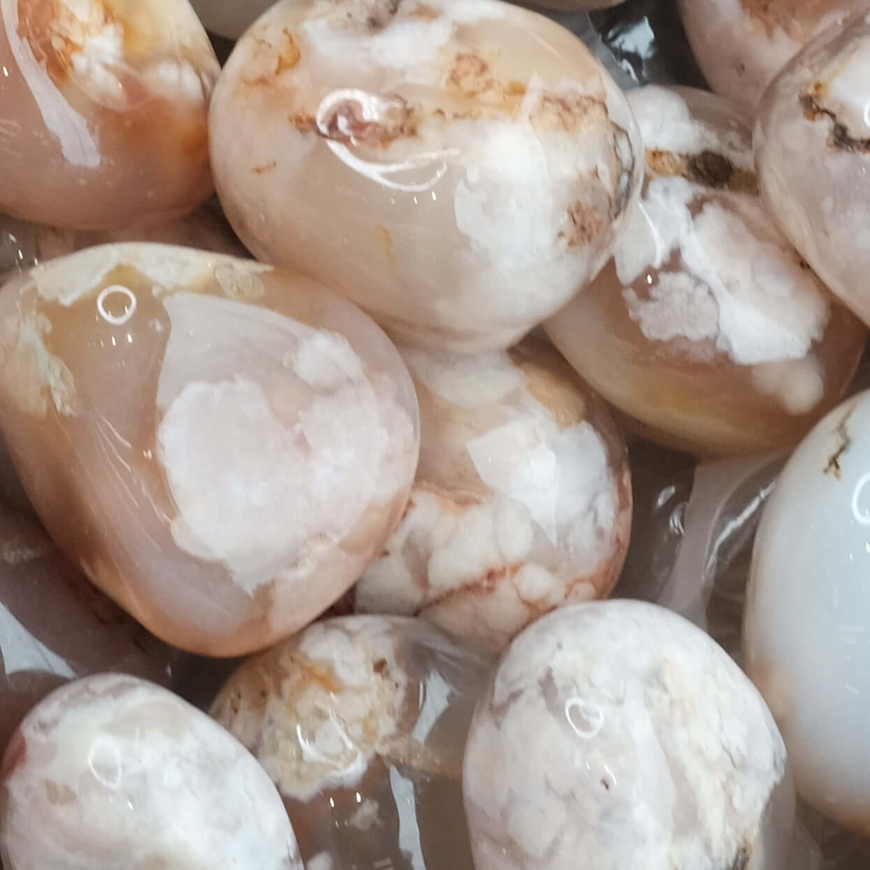 Flower Agate tumbled stones with light pink hues and delicate inclusions, promoting healing, relaxation, and youthful energy.