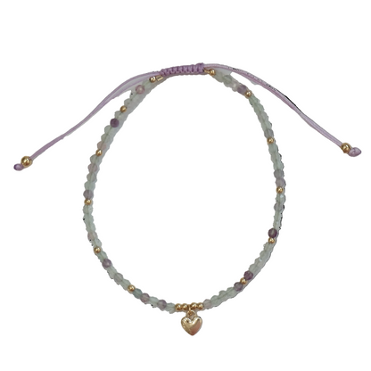 Fluorite Faceted Beads with Heart Charm Drawstring Adjustable Bracelet - Clarity, Balance & Spiritual Insight