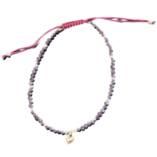 Garnet Faceted Beads with Heart Charm Drawstring Adjustable Bracelet - Energy, Vitality & Deep Passion