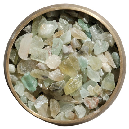 Bowl of green calcite rough stones for mental balance and embracing new ideas.