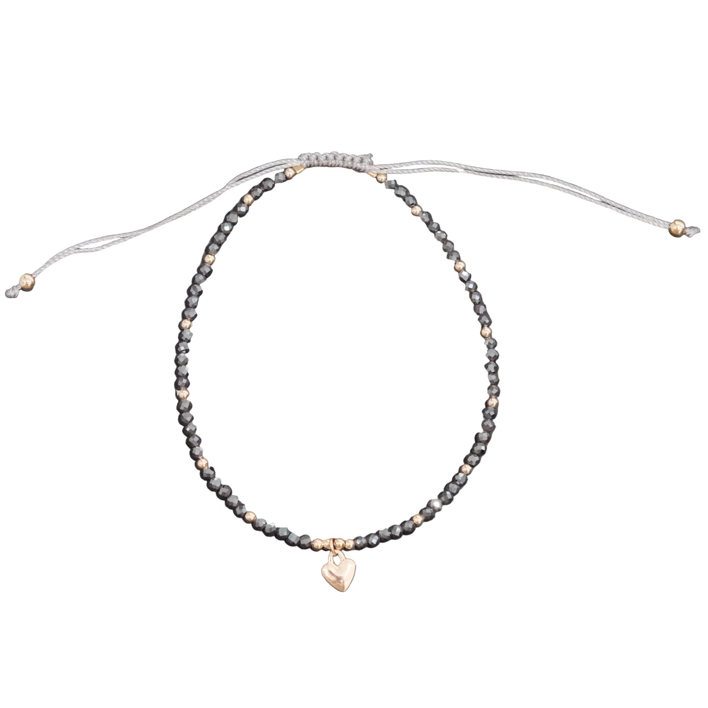 Hematite Faceted Beads with Heart Charm Drawstring Adjustable Bracelet
