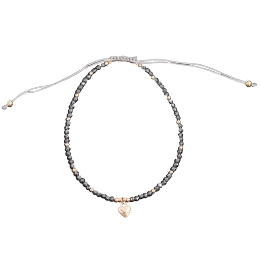 Hematite Faceted Beads with Heart Charm Drawstring Adjustable Bracelet