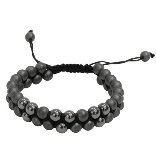 Hematite double row adjustable bracelet with grounding and protective properties, featuring a sleek black cord design.