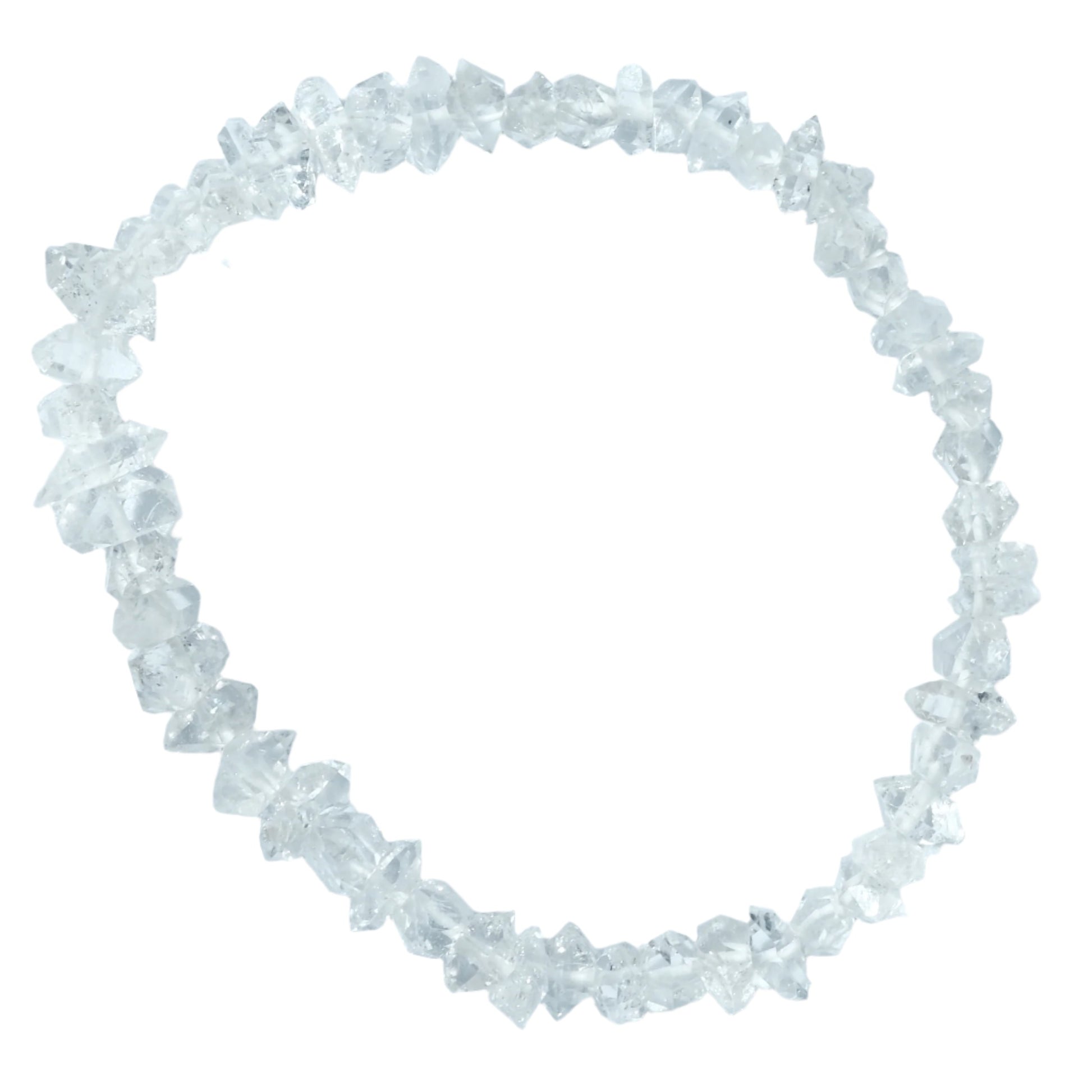 Herkimer Diamond Chip Bracelet with clear, raw gemstones on an elastic strand, showcasing elegant simplicity and natural beauty.