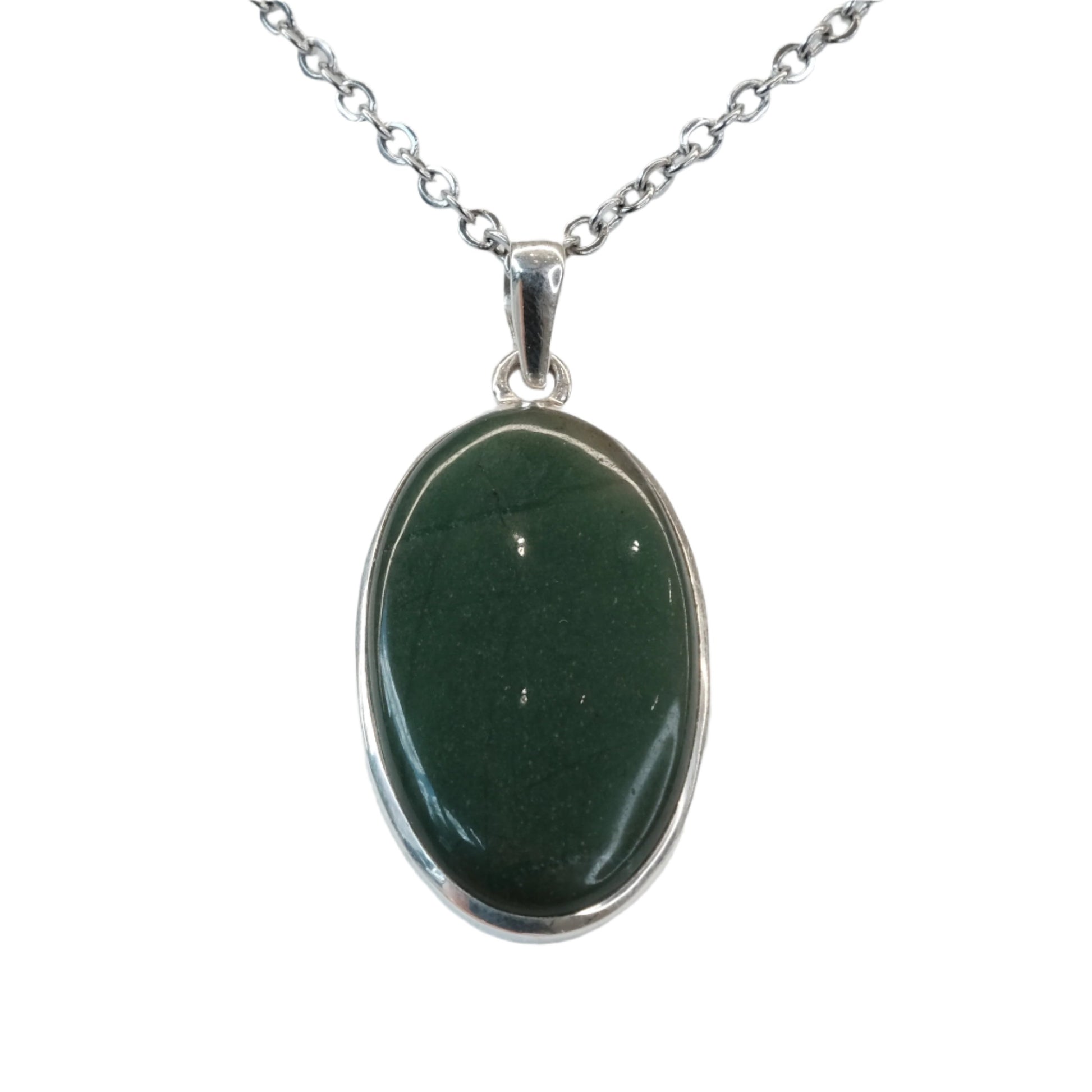 Jade silver pendant necklace, known for calming effects, enhancing love and luck, and promoting healing and well-being.