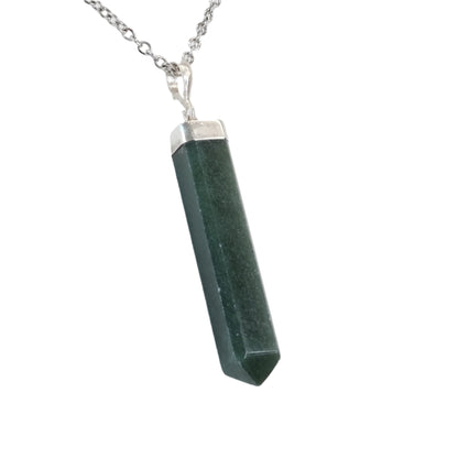 Jade silver point pendant necklace promoting love, luck, and well-being with purifying jade stone on a delicate chain necklace.