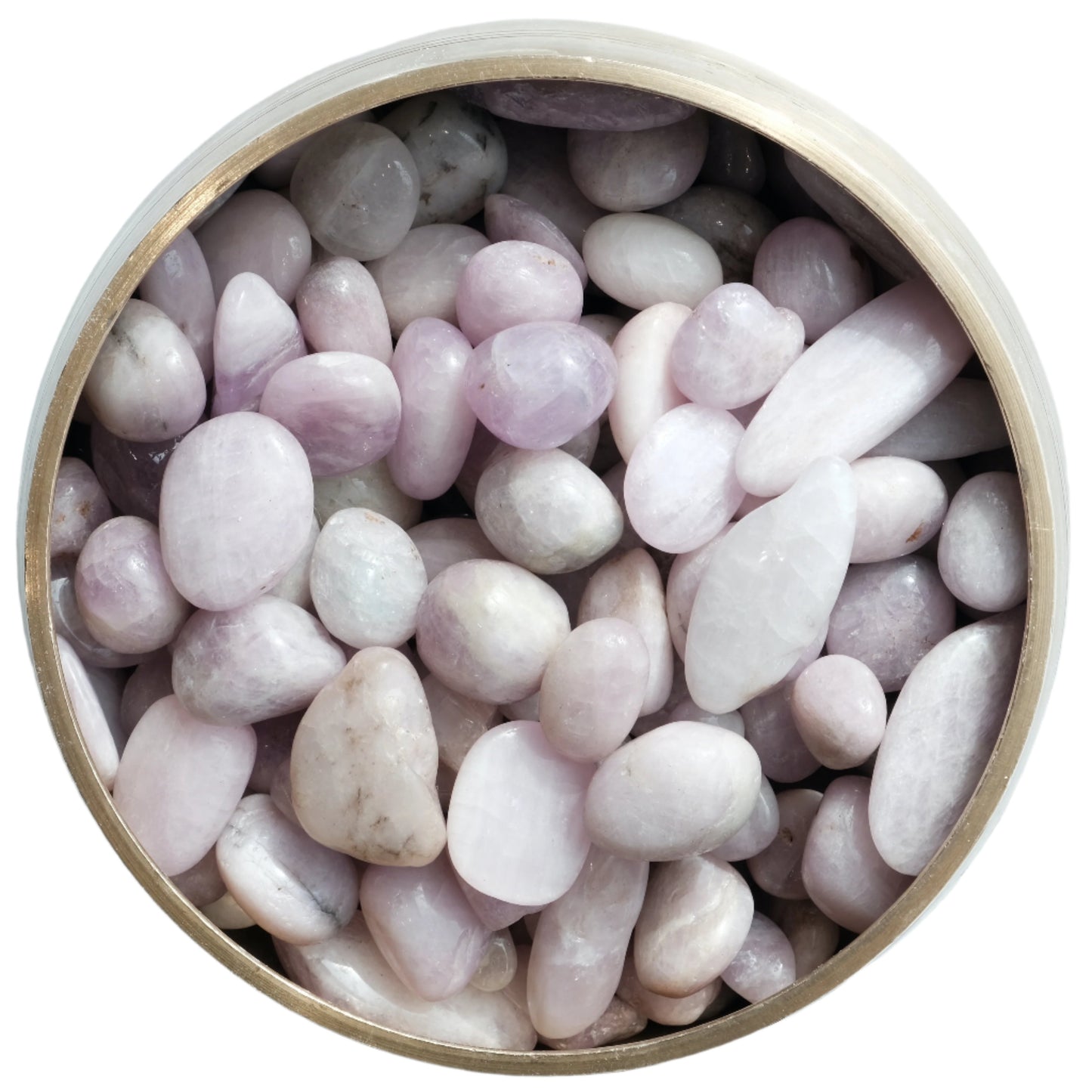 Bowl of polished pink Kunzite tumbled stones for emotional healing and spiritual growth.