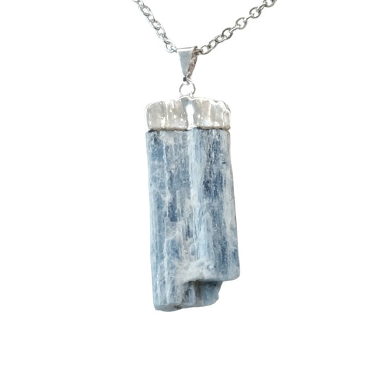 Blue Kyanite pendant for meditation and balance on silver chain, enhancing tranquility and communication.