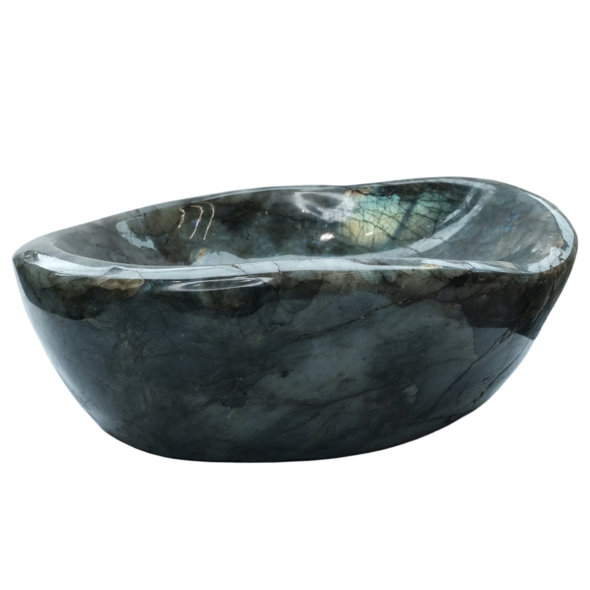 Labradorite large bowl for enhancing intuition and creativity, calming gray stone with iridescent shine, perfect for spiritual grounding.