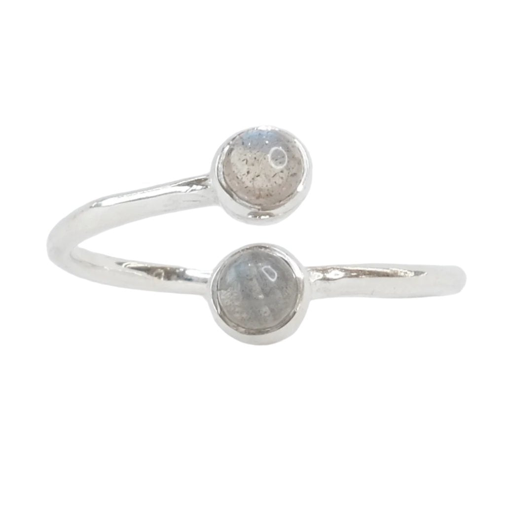 Labradorite double round adjustable sterling silver ring enhances intuition and reveals truth, gemstone jewelry.