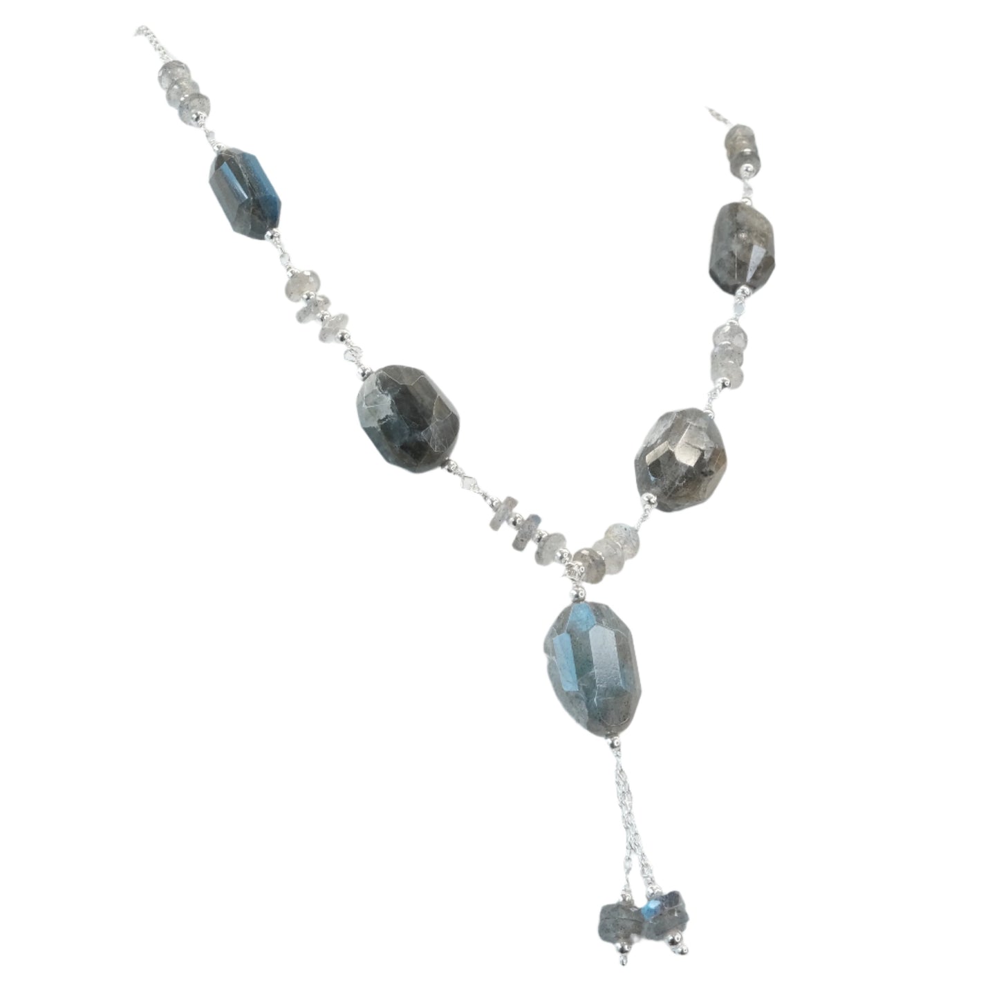 Labradorite sterling silver necklace with gemstone beads, enhancing intuition and promoting creativity.