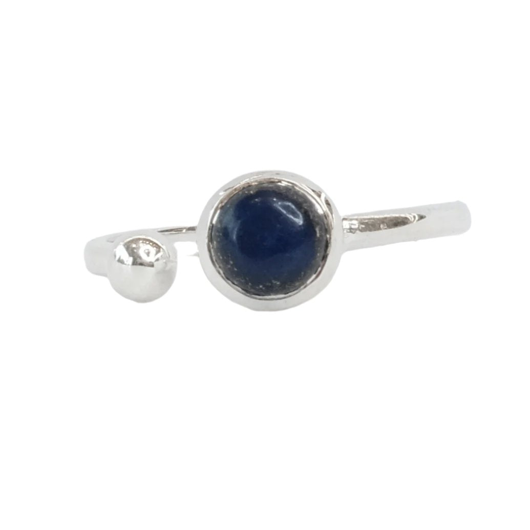 Sterling silver ring with round lapis lazuli stone, adjustable for perfect fit.