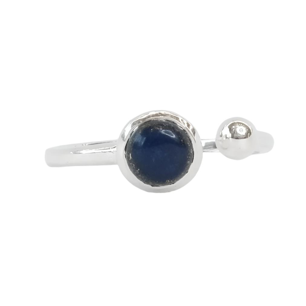 Lapis Lazuli adjustable sterling silver ring featuring a round gemstone, known for enhancing inner peace and creativity.