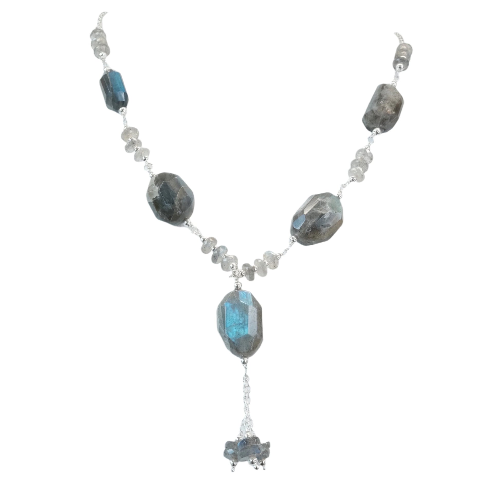 Labradorite sterling silver necklace with a mix of blue and gray gemstones, enhancing intuition and creativity during times of change.