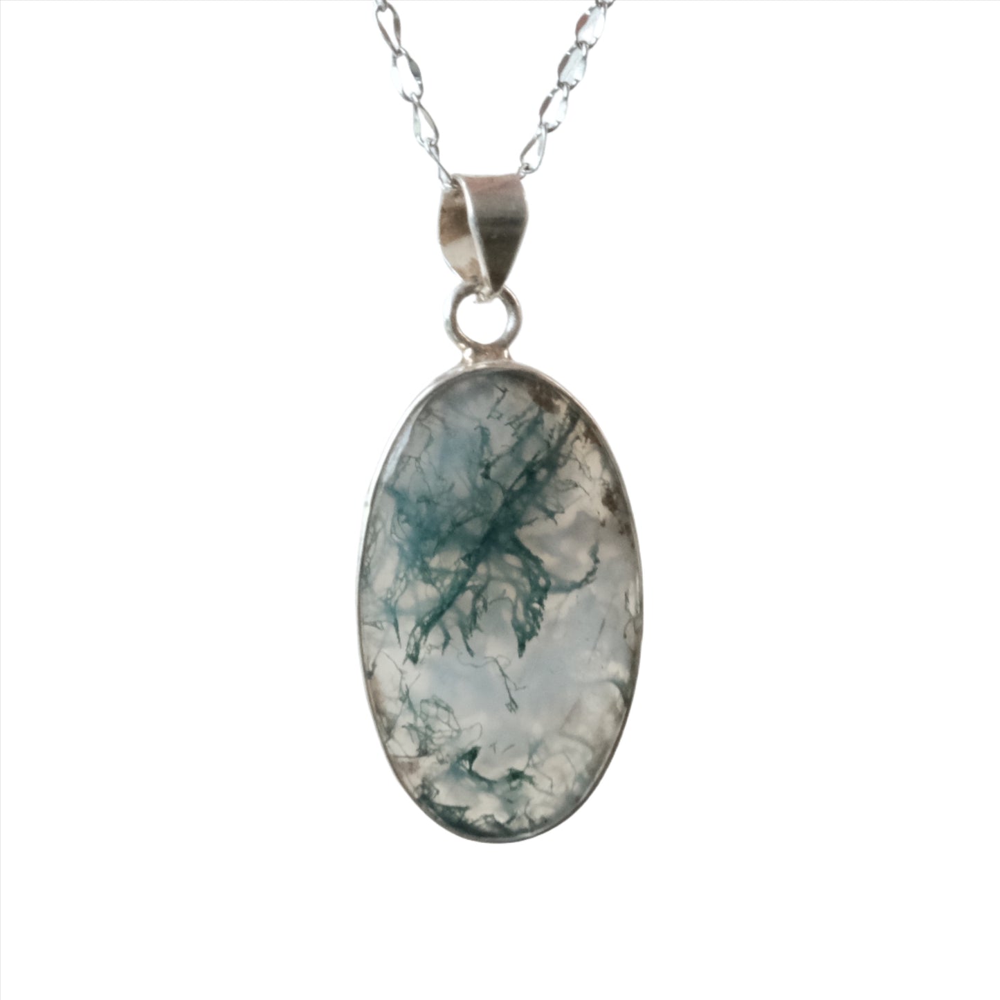 Moss Agate Oval Sterling Silver Pendant Necklace