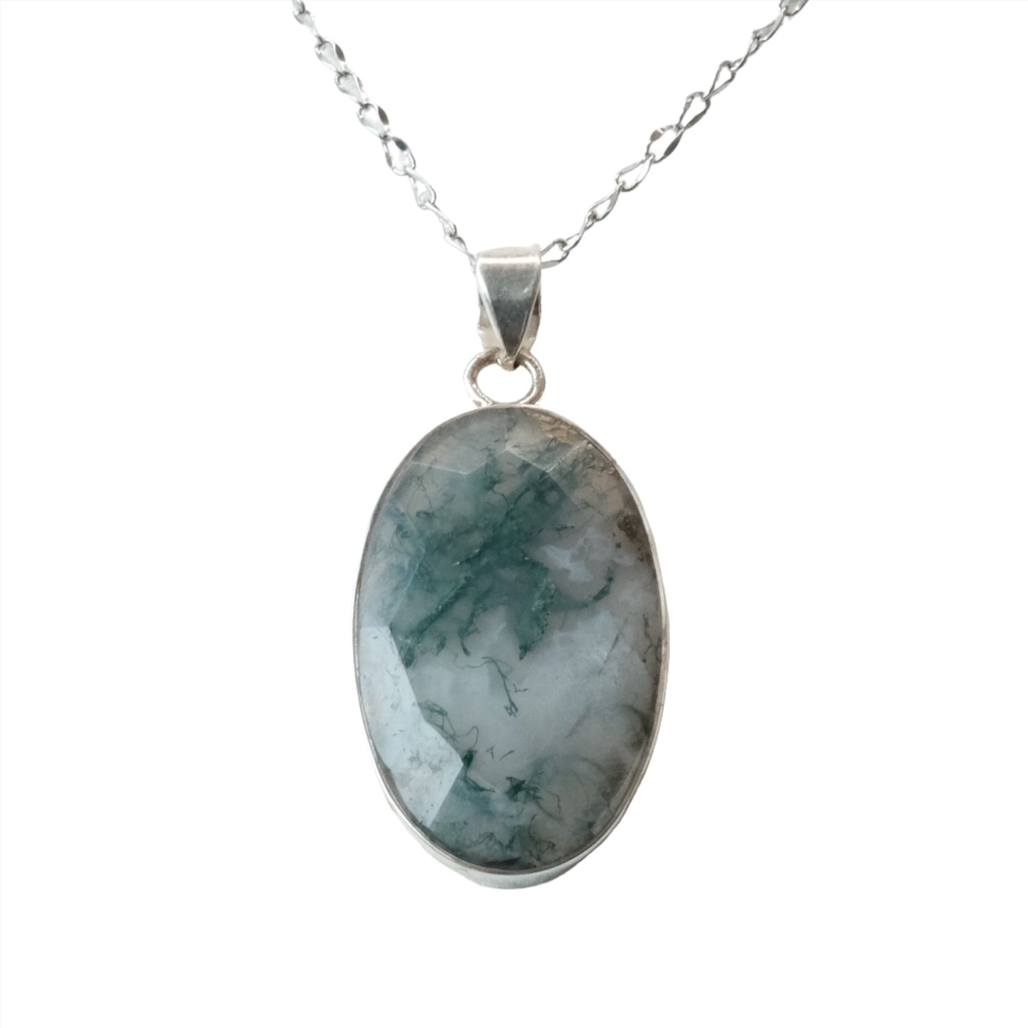 Moss Agate Oval Sterling Silver Pendant Necklace