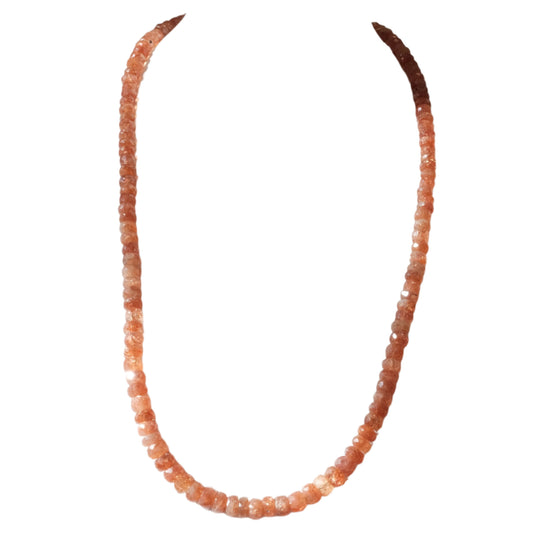 Sunstone bead necklace showcasing vibrant gemstones promoting energy, intuition, and vitality. Perfect for stress relief and independence.