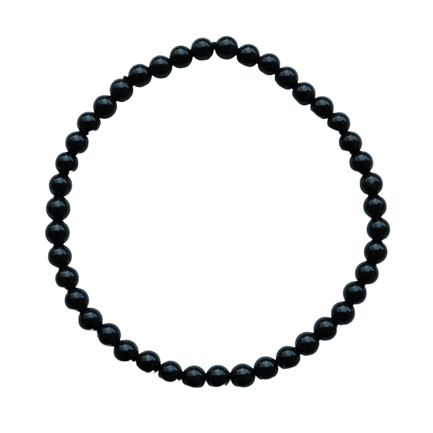 Black obsidian bracelet with 4MM beads in a circular arrangement on a white background.