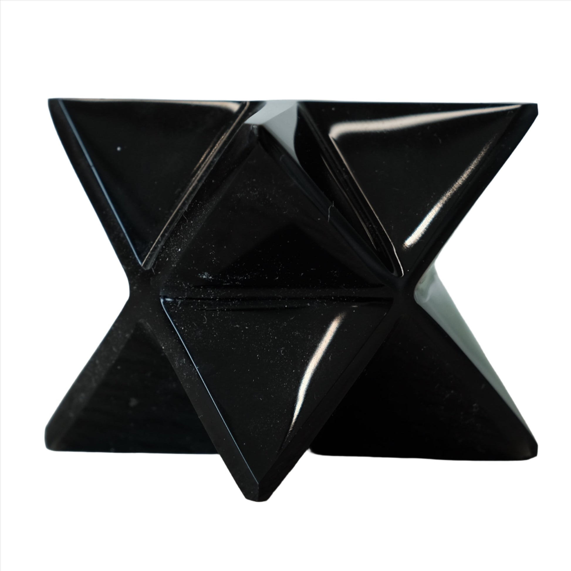 Black Obsidian Merkaba sculpture, enhances truth and provides protection against negativity, ideal for self-discovery and mental clarity.