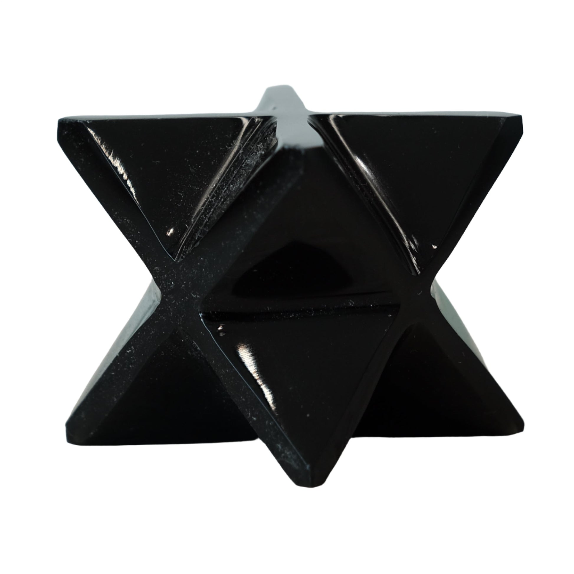 Black Obsidian Merkaba sculpture enhancing truth and protection against negativity, with unique chipped design.