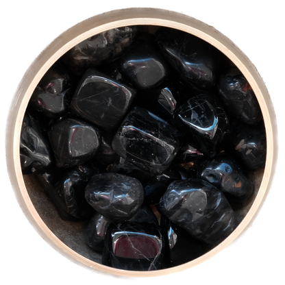 Black Onyx tumble stones 20-30MM for vigor, self-confidence, grief banishment, and wellness enhancement.