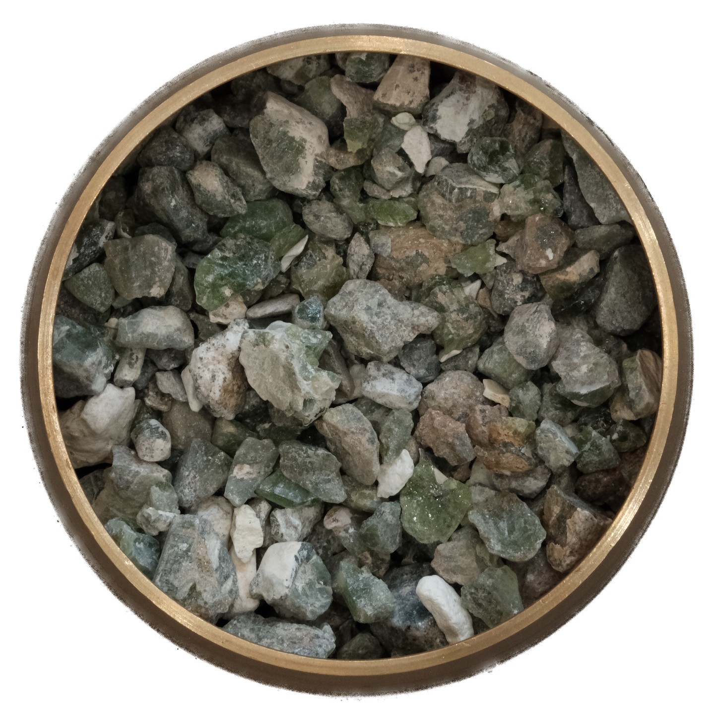 Peridot rough stones 5-10MM in round wooden tray for cleansing, stress relief, and confidence boost.