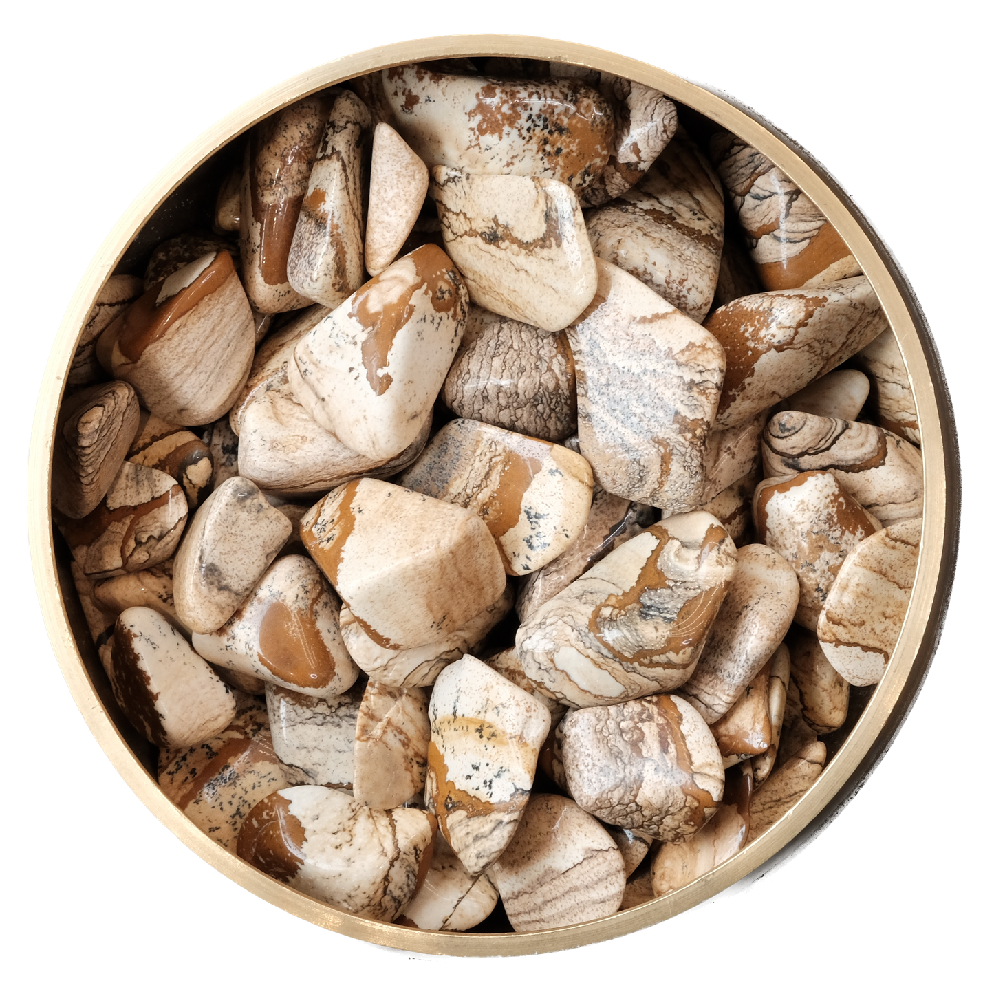 Picture Jasper tumbled stones in a bowl, promoting balance, harmony, and emotional release.