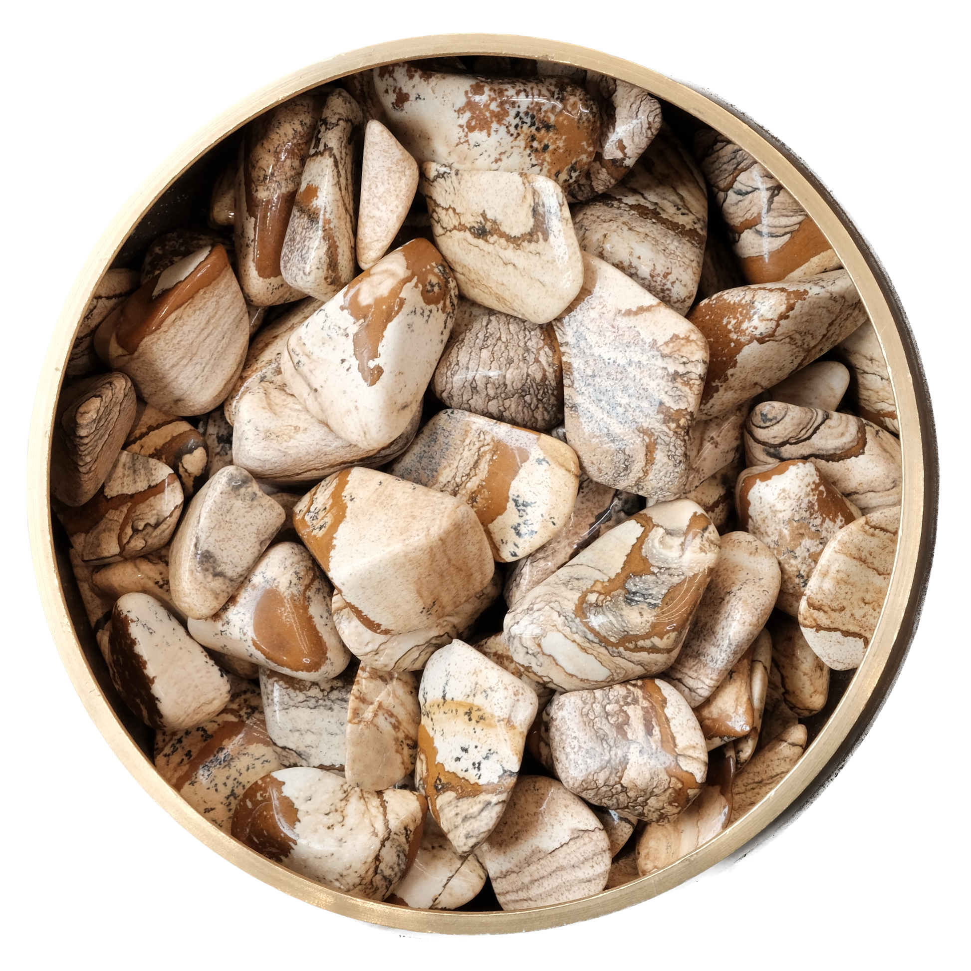 Picture Jasper tumbled stones in a bowl, promoting balance, harmony, and emotional release.