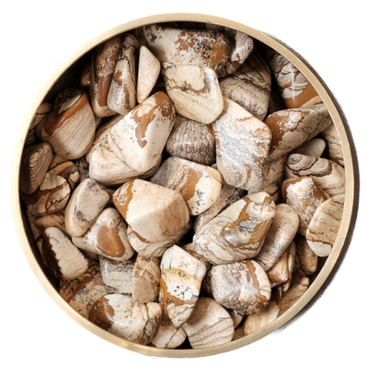 Picture Jasper tumbled stones in a bowl, promoting balance, harmony, and emotional release.