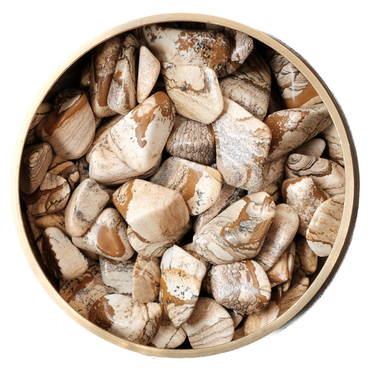 Picture Jasper tumbled stones in a bowl, promoting balance, harmony, and emotional release.