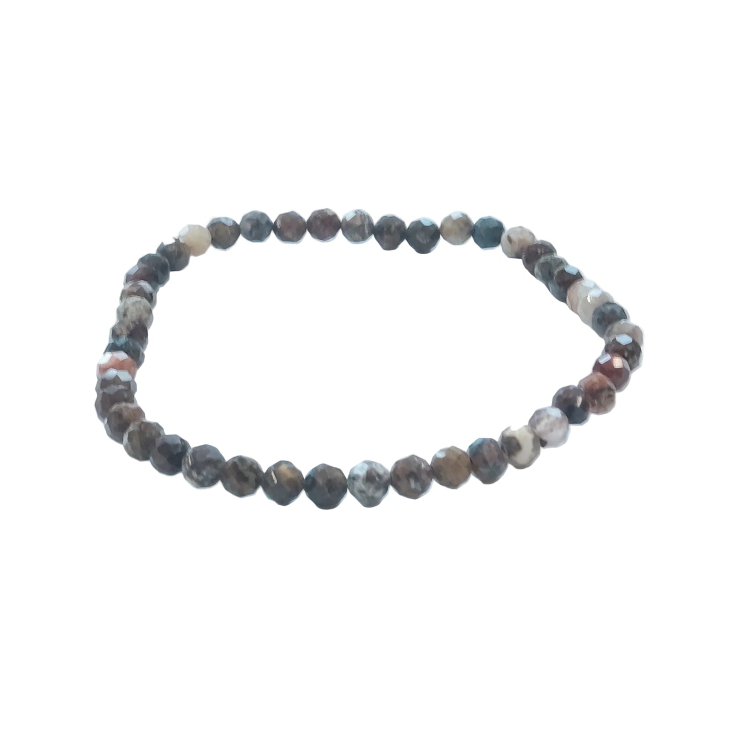 A beaded stretch bracelet made of small, faceted round beads in earthy brown, gray, and black marbled patterns, displayed on a clean white background.
