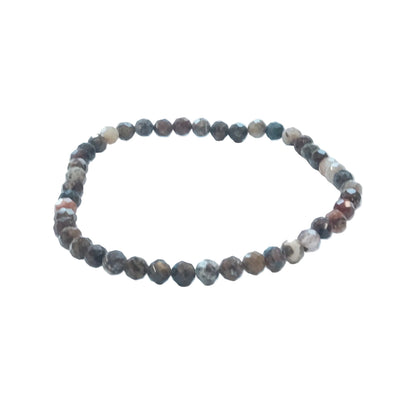 A beaded stretch bracelet made of small, faceted round beads in earthy brown, gray, and black marbled patterns, displayed on a clean white background.