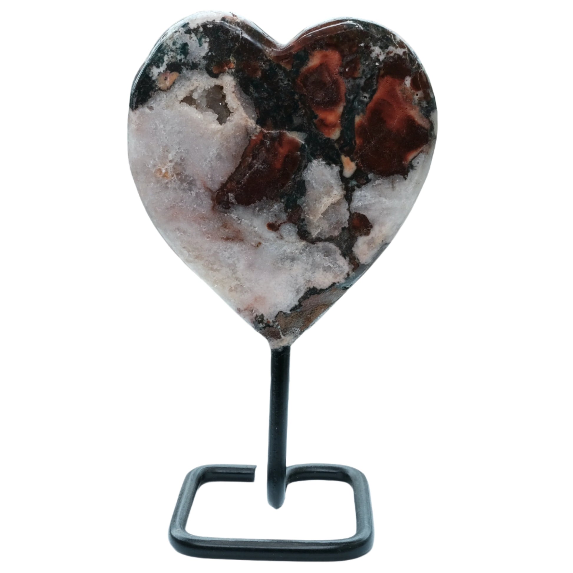 Pink amethyst heart on a stand, perfect for meditation, offering calming energy and increased intuition.