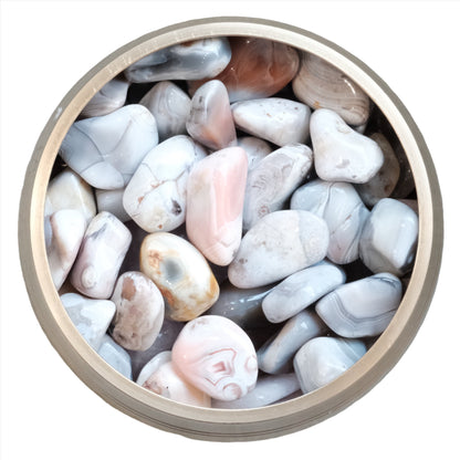 Pink Botswana Agate tumbled stones in a round container displaying unique patterns for creativity and well-being benefits.