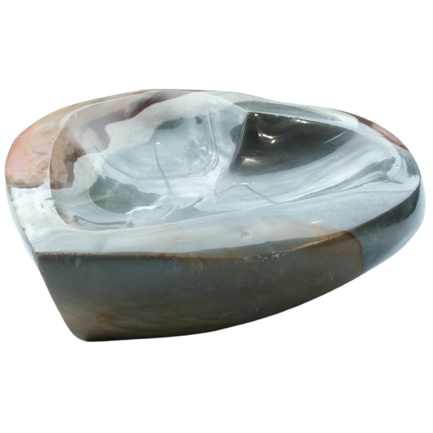 Polychrome Jasper Heart Bowl with smooth multicolored stone finish, ideal for home decor or gifts.