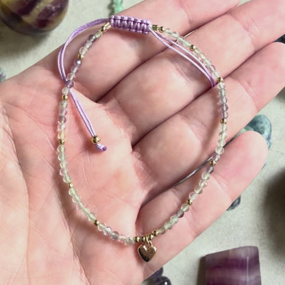 Fluorite Faceted Beads with Heart Charm Drawstring Adjustable Bracelet - Clarity, Balance & Spiritual Insight