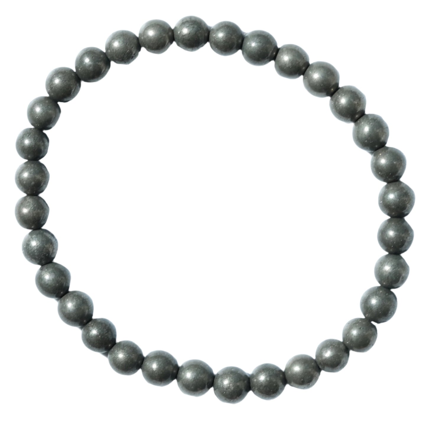 Pyrite bracelet with 6mm beads, known for protection and enhancing memory, displayed in a circular arrangement.