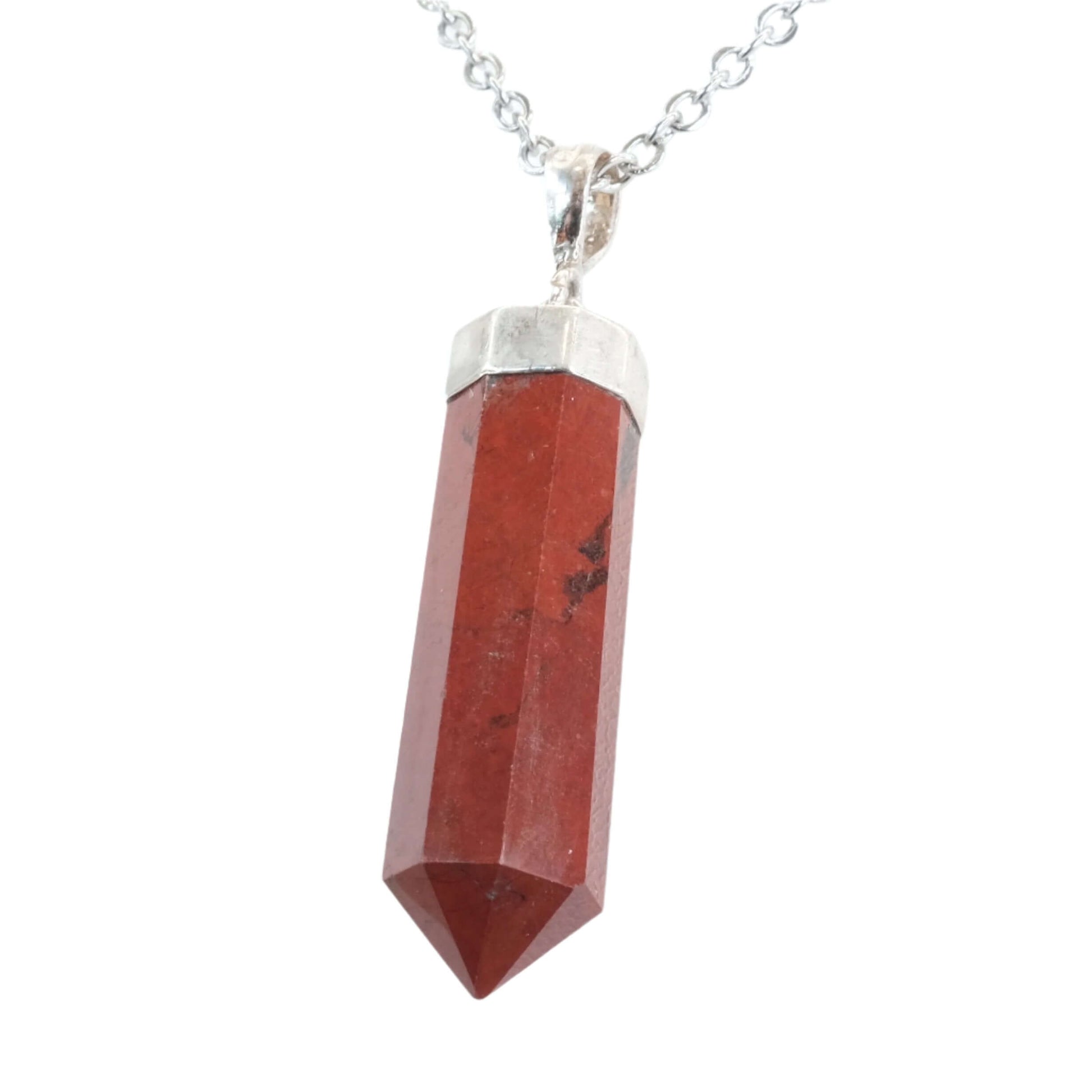 Red Jasper Silver Point Pendant Necklace for protection and healing, on chain. Neutralizes pollutants and soothes emotions.