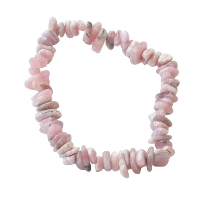 A pink stone chip bracelet made of irregular, polished beads in shades of light pink with some natural white and gray marbling, displayed on a clean white background.