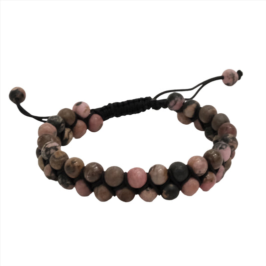 Rhodonite double row adjustable bracelet with pink and brown stones for emotional balance and nurturing love.